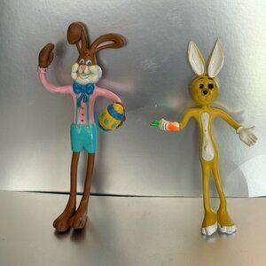 Two VTG Bendable Rubber Rabbits One Pastel American Greeting One Yellow No Brand